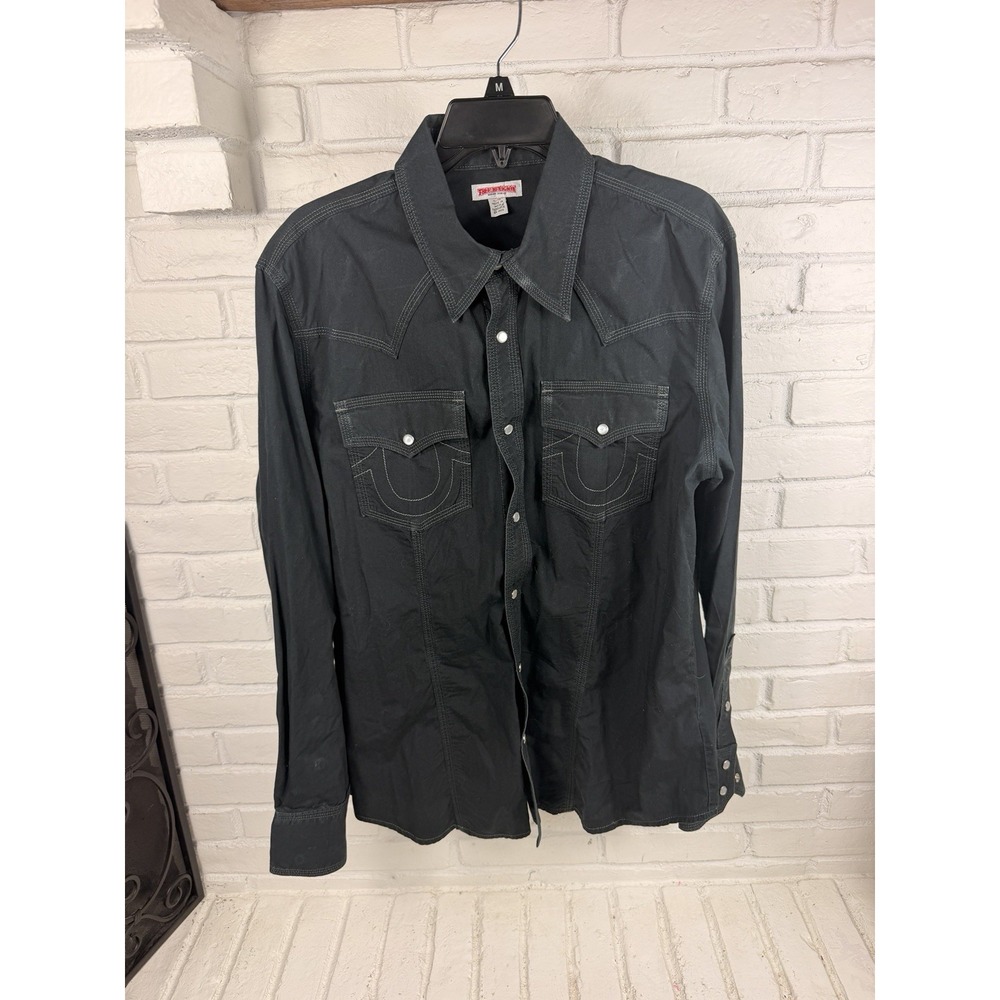 True Religion Mens Black Western Pearl Snap Shirt Contrast Stitch Horseshoe XL